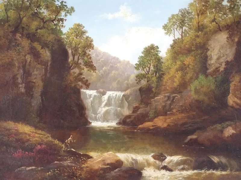 1860-Fritz Krostewitz - Pescatori su un fiume in un'ambientazione romantica
